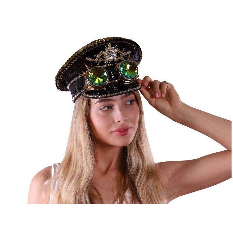 Burning Man Black Gold Sequin Hat w/ Spiked Goggles