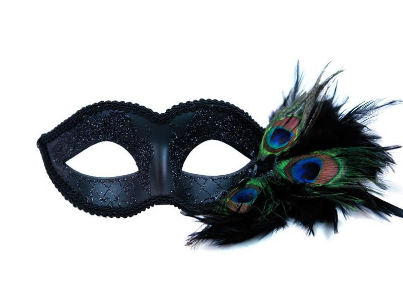 Black Small Venetian Mask with Side Feathers