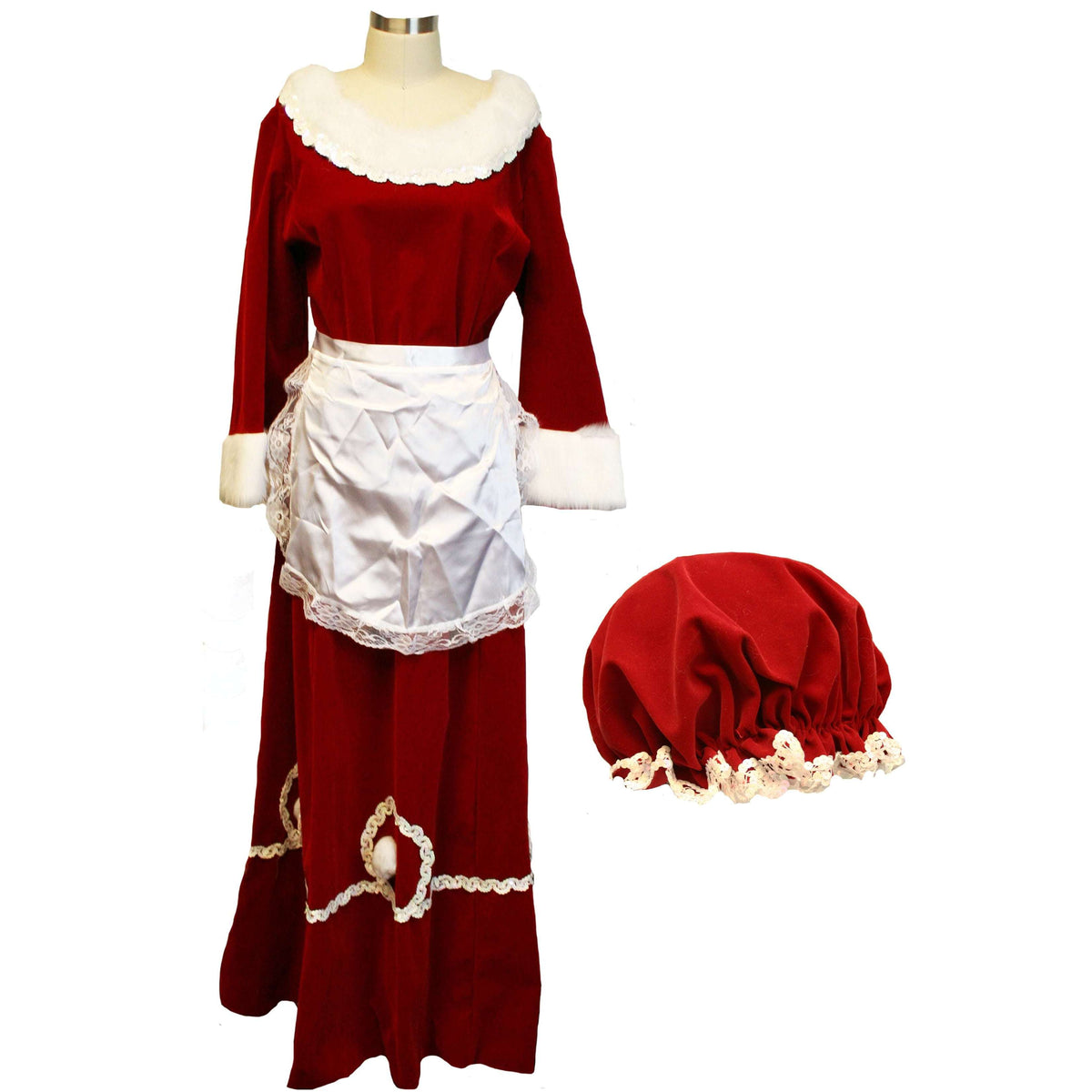 Custom Premium Red Velvet Mrs. Claus Dress W/ Sequin Trim and Apron Adult Costume