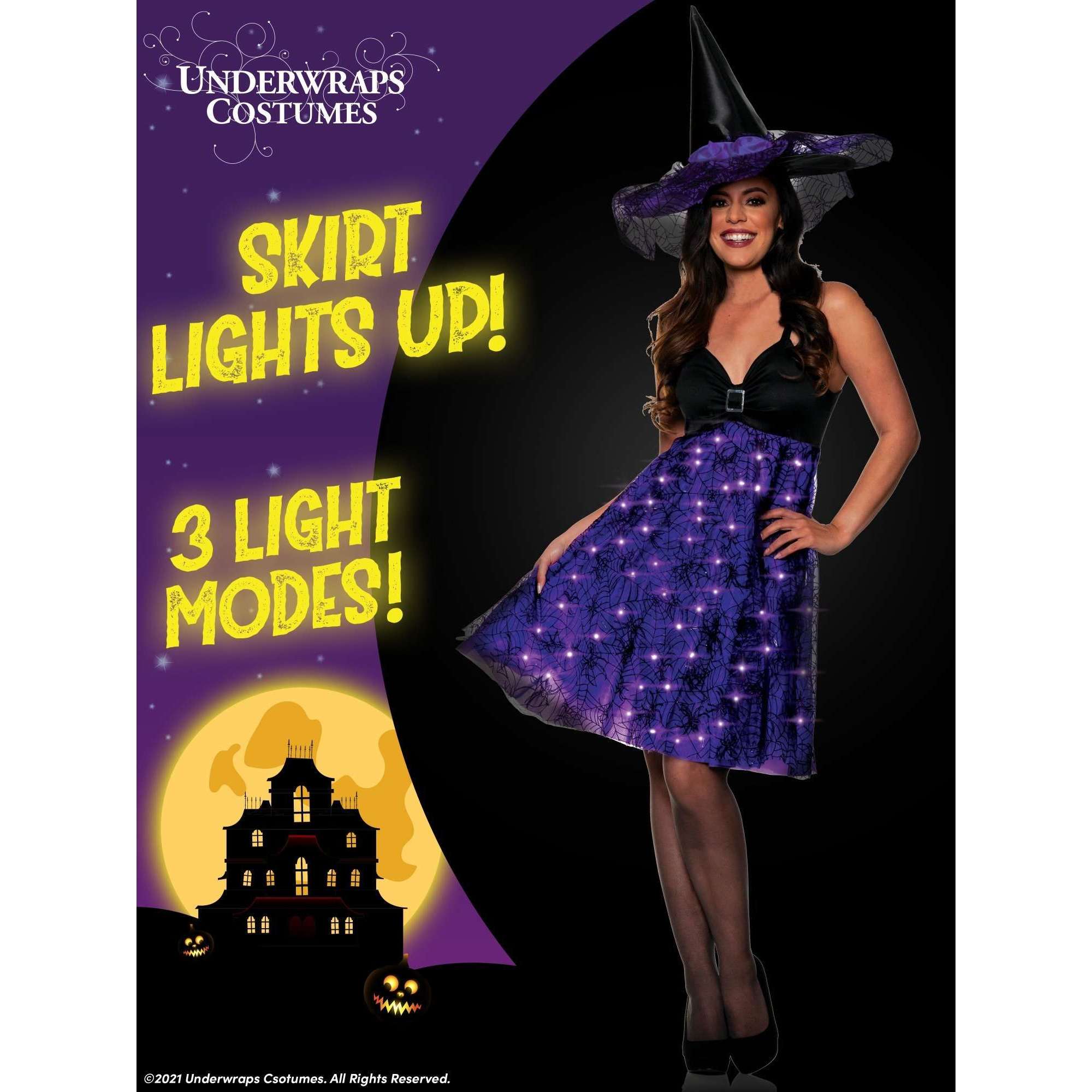 Boo Black & Purple Witch Light Up Skirt w/ Spiders and Hat Women's Adult Costume