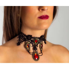 Red Jeweled Gothic Lace Choker