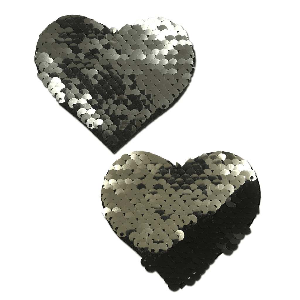 Silver and Black Color Changing Sequin Heart Nipple Pasties