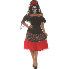 Black & Red Skull Senorita Dress Day of the Dead Adult Costume