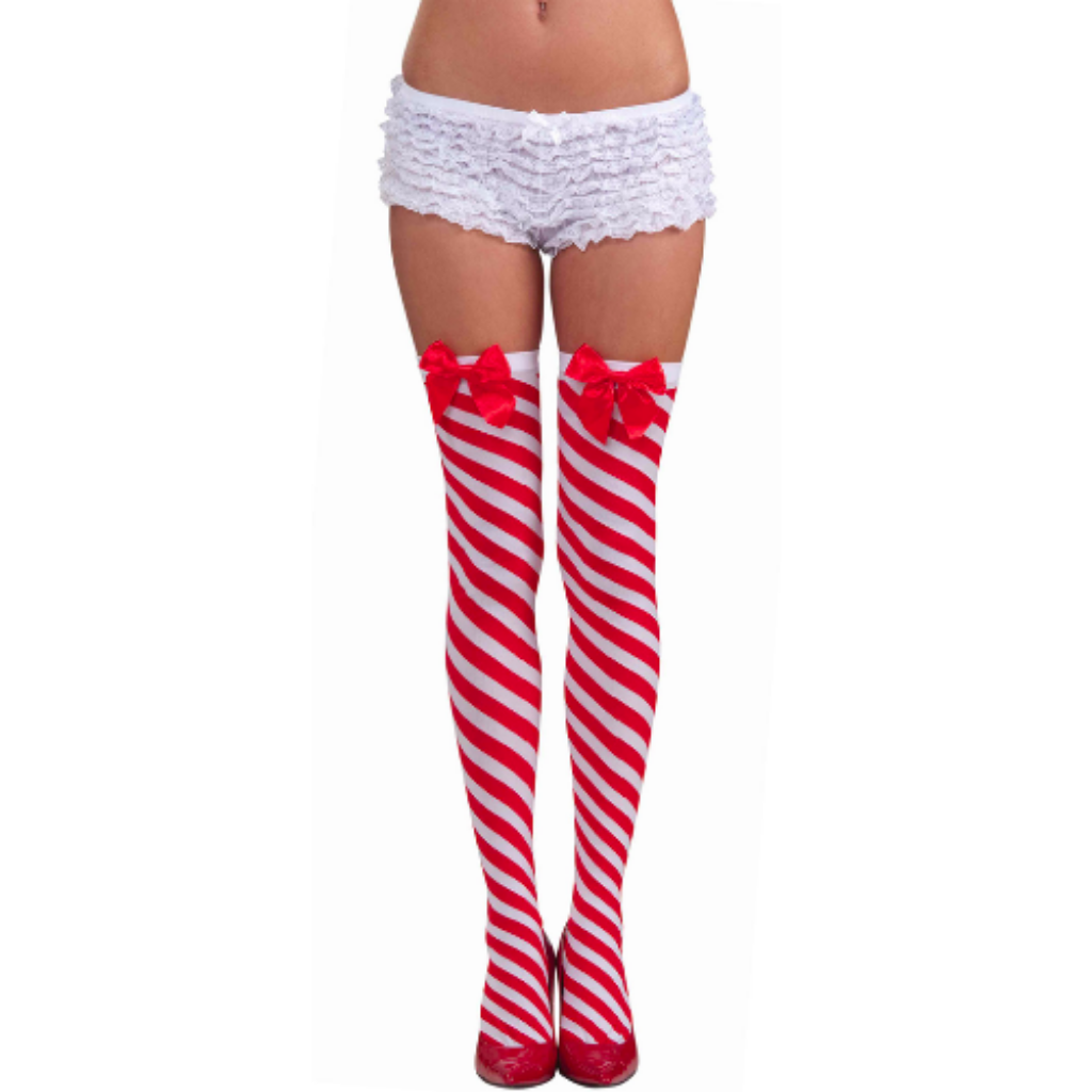 Candy Cane Striped Adult Thigh Highs w/ Red Bow
