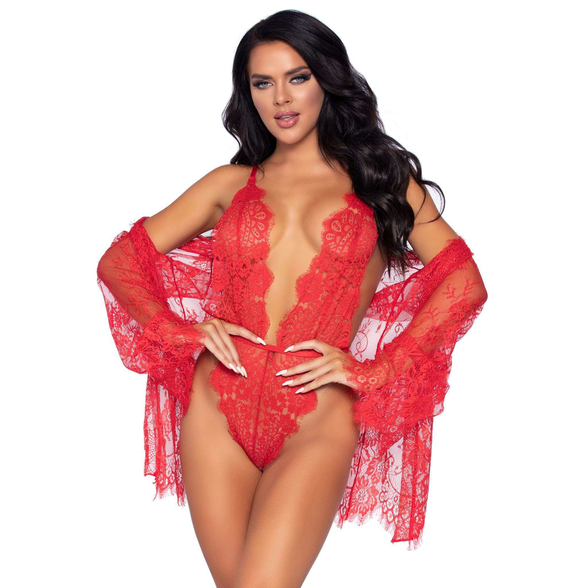 Floral Lace Adjustable Teddy w/ Cheeky Thong & Matching Lace Robe