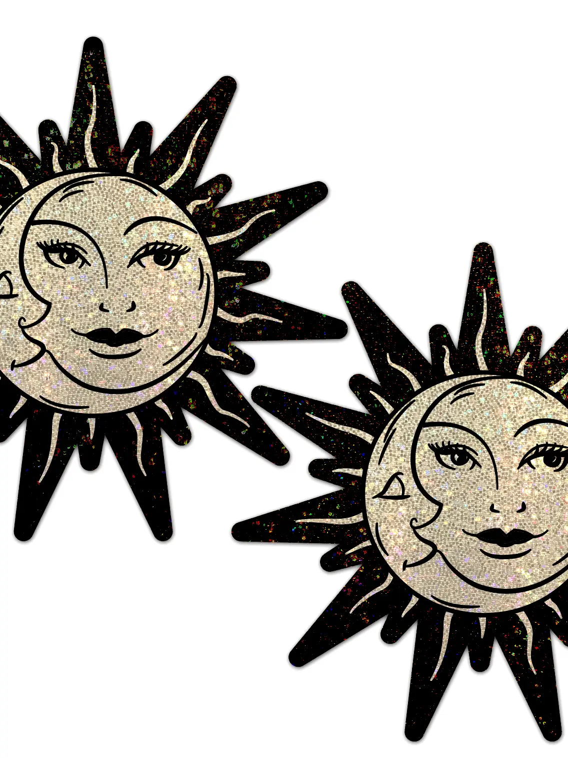Sun & Moon Faces on Gold Glitter Sun Nipple Pasties