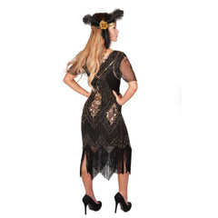 Black & Gold Beaded Flapper Dress w/ Fringes