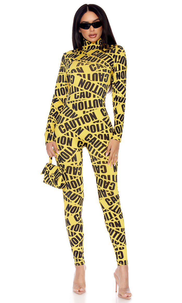 Caution Sexy Caution Tape Catsuit Adult Costume