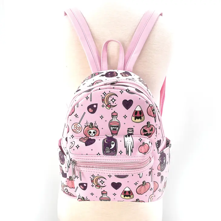 Cute and Spooky Pink Halloween Mini Backpack with Front Zip Pocket