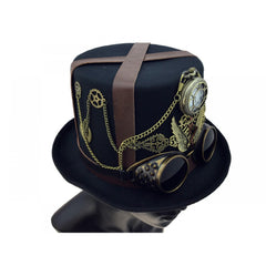 Premium Black Steampunk Hat w/ Attached Goggles, Gears, Chains, and Pocket Watch
