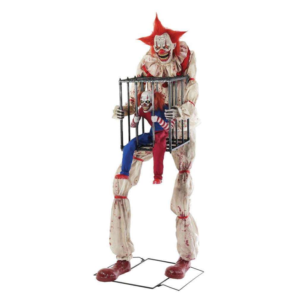 7 Ft Cagey The Clown with Caged Mini Clown Animated Prop Decoration