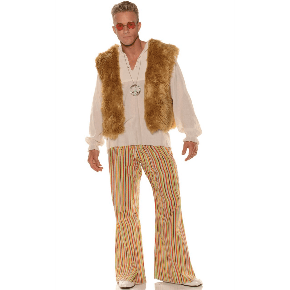 Sunny Hippie Faux Fur Vest Shirt & Bell Bottom Men's Adult Costume