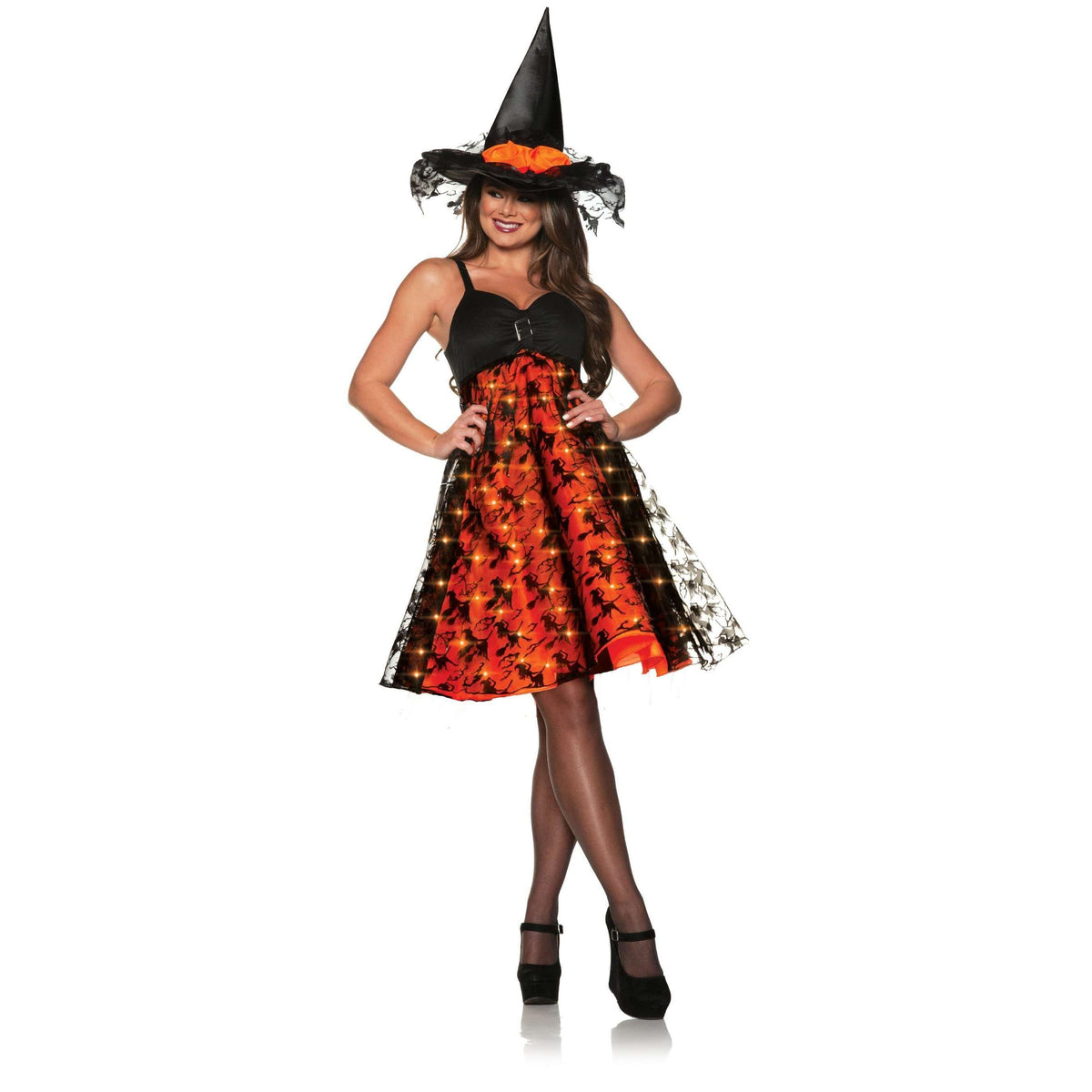 Bobbity Black & Orange Witch Light Up Skirt Women's Adult Costume w/ Witch's Hat