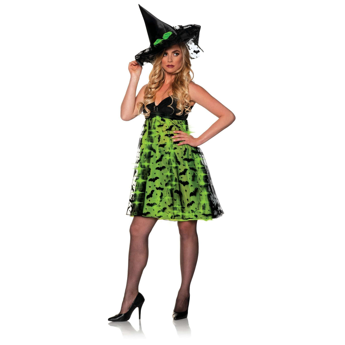 Bibity Green & Black Witch Light Up Skirt w/ Bats and Hat Adult Costume