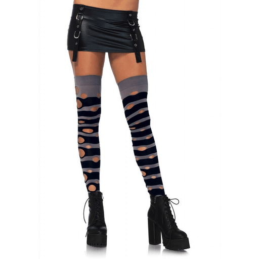 Distressed Opaque Striped Thigh Highs