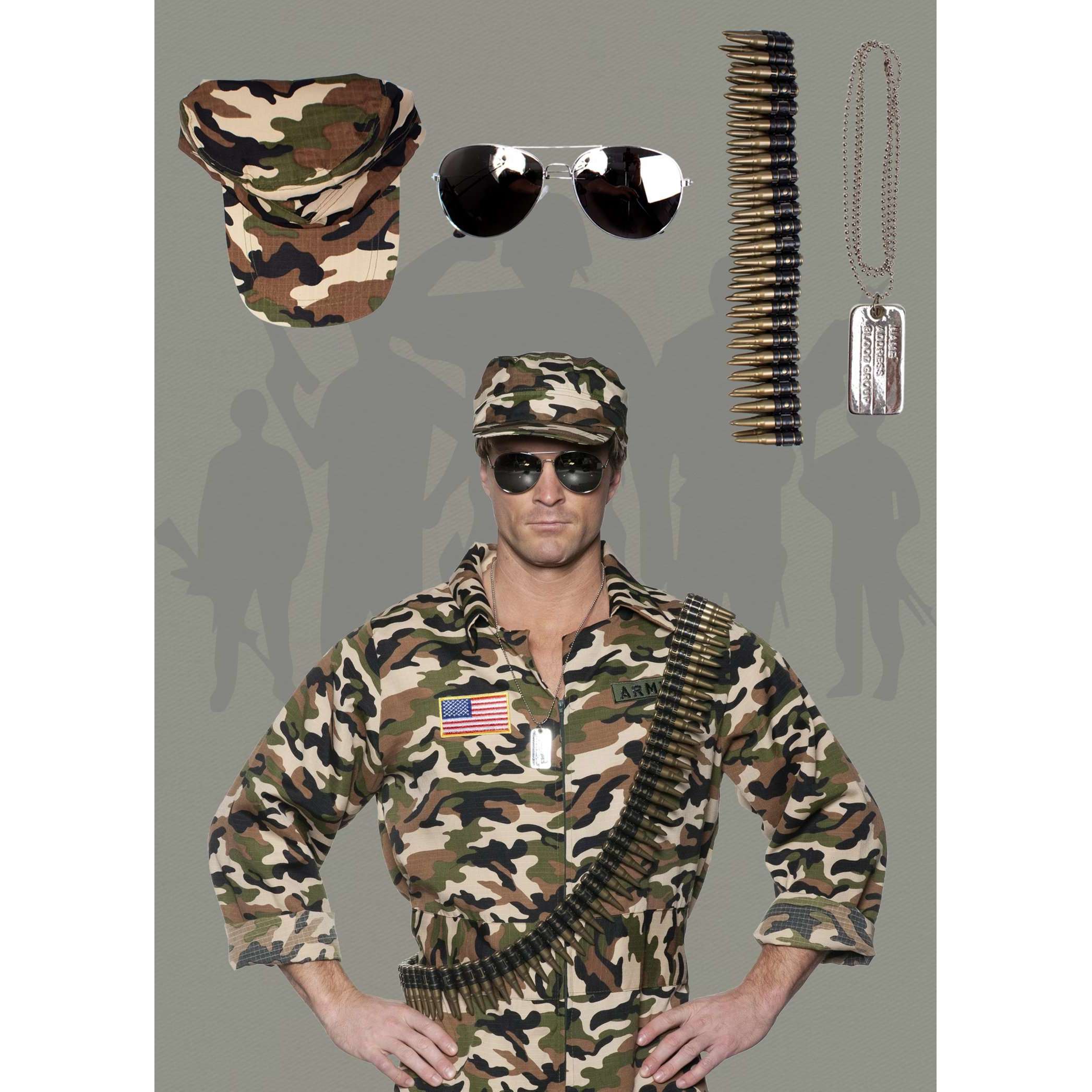 Army Accessory Kit w/ Hat, Sunglasses,Bullet Belt & Dog Tags