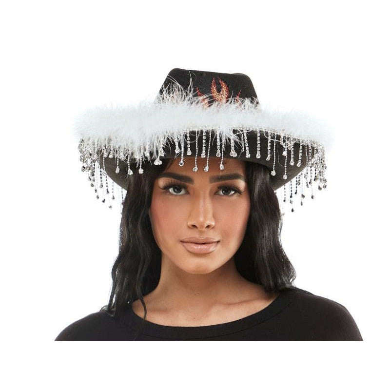 Iheartraves Flaming Cowboy Hat w/ Feathers and Rhinestone Fringe Black