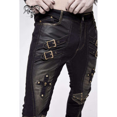Men's Gold Metallic Punk Trousers with Buckle Detail