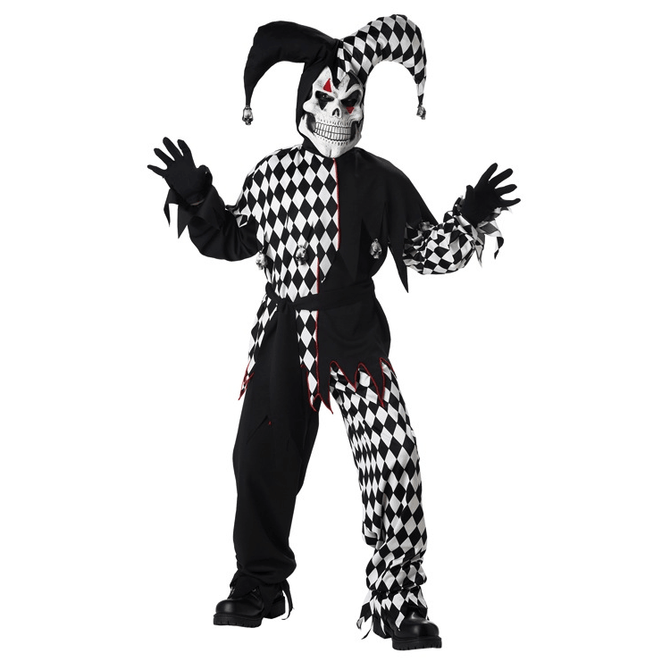 Black and White Evil Jester Childs Costume with Skeletal Mask