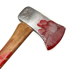 Large Foam Rubber Single Head Two-Hand Axe Stunt Prop - BLOODY - Bloodied Silver Head with Lightwood Handle