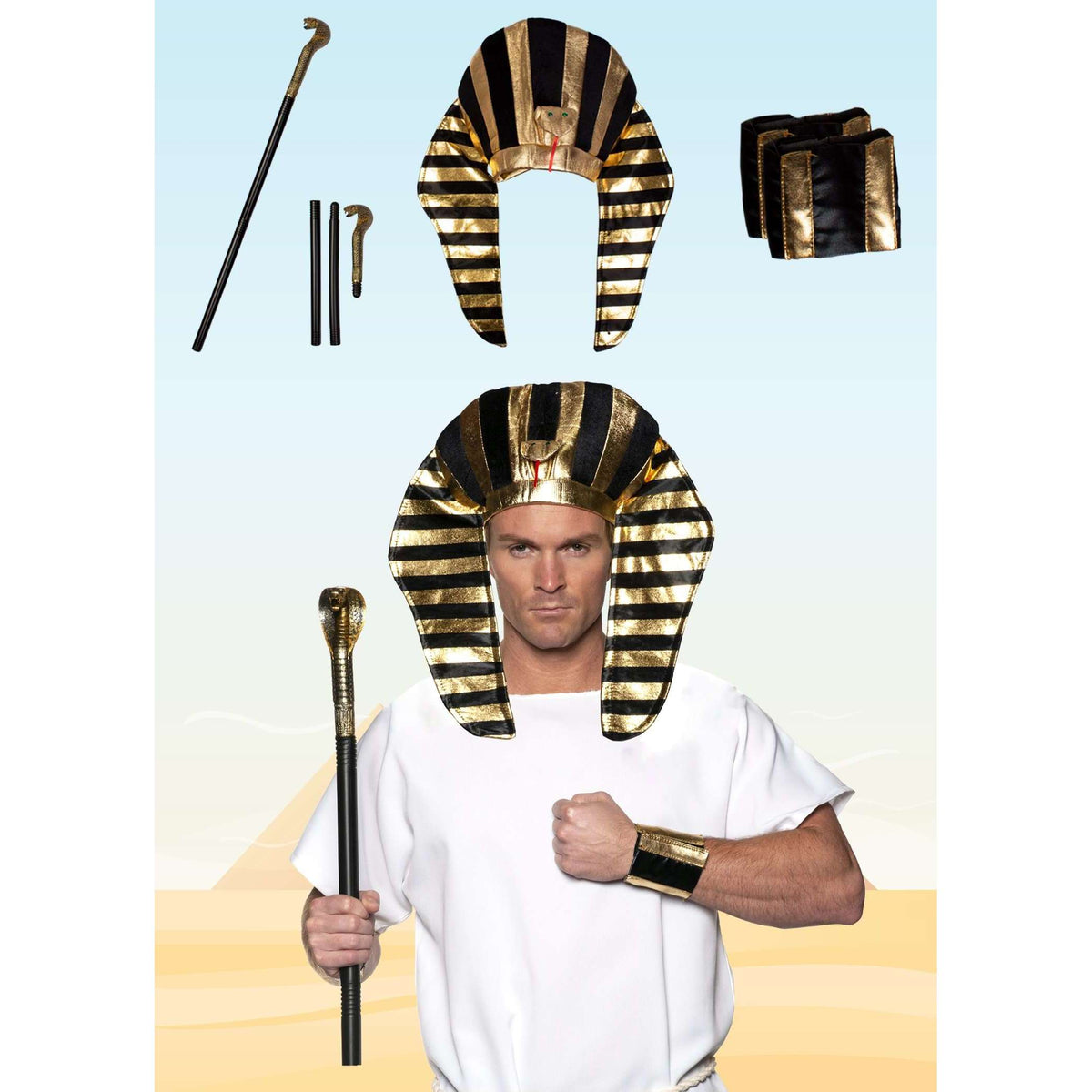 Egyptian Pharaoh Accessory Kit w/ Scepter, Arm Cuffs, & Hat