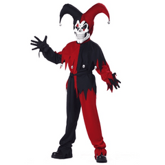 Black and Red Evil Jester Kids Costume with Skeletal Mask