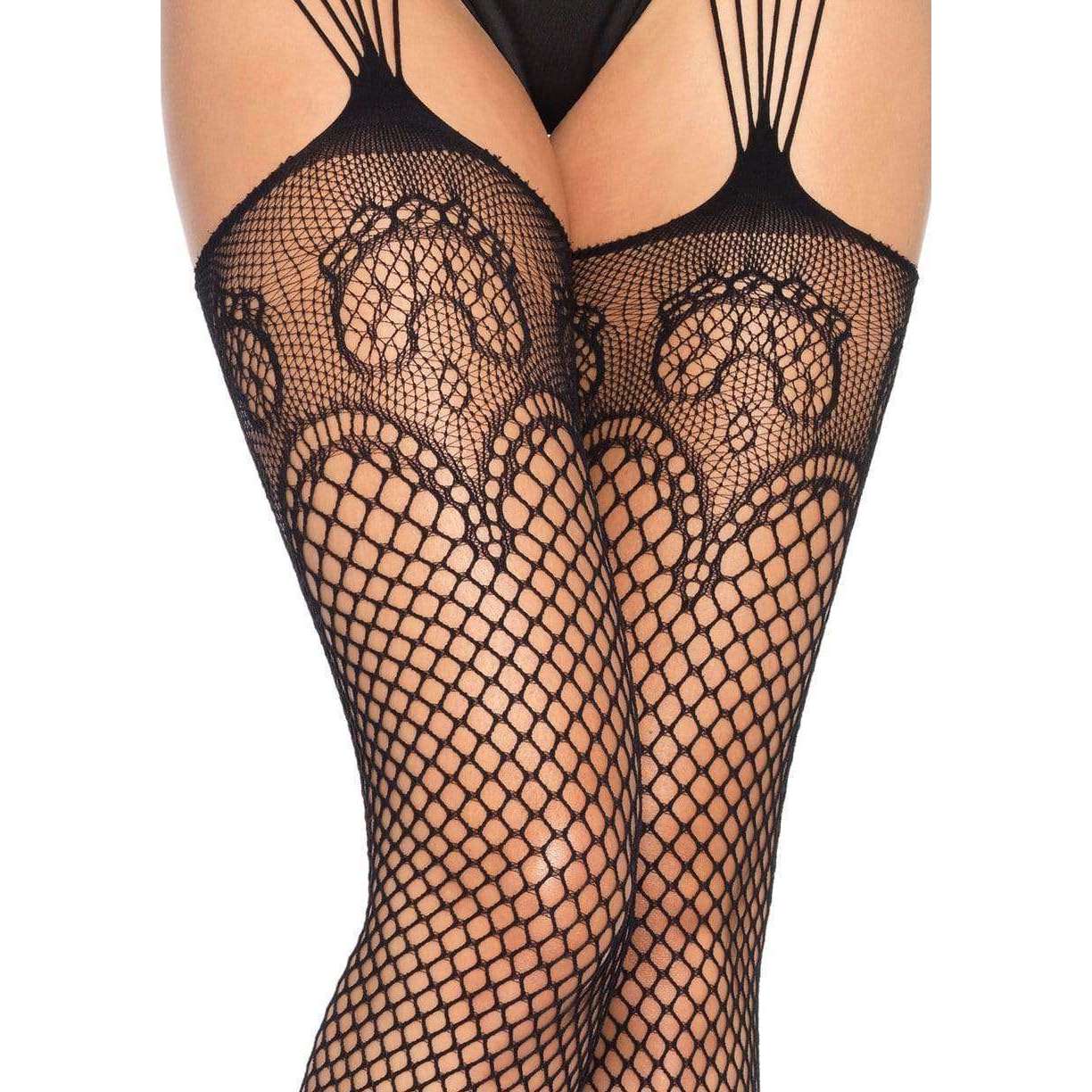 Black Net Stockings w/ Duchess Lace Top & Strand Garter Belt