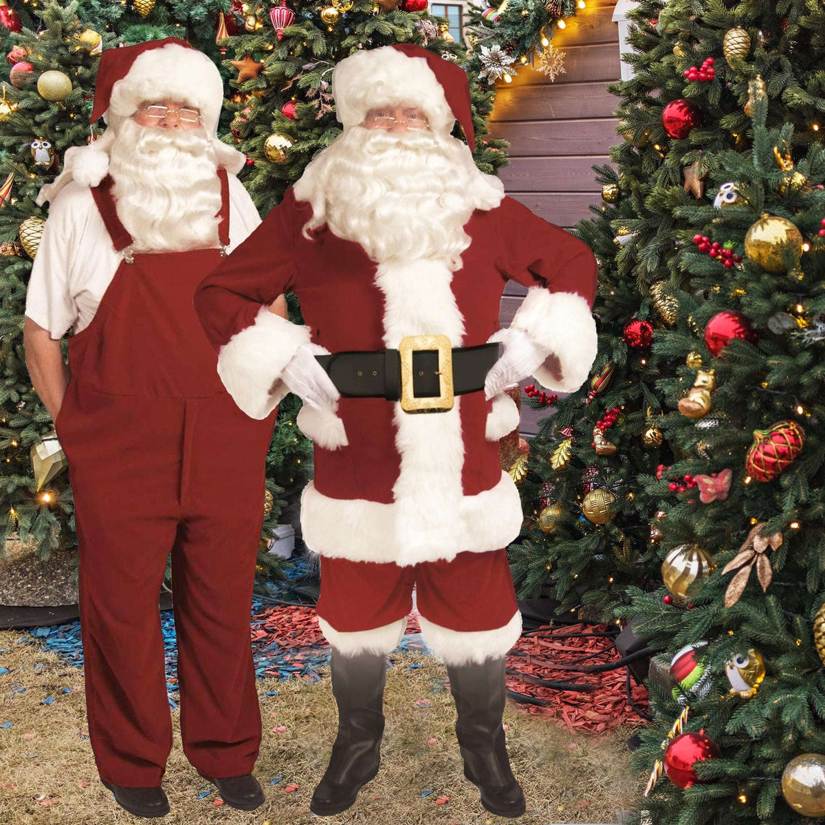 Crimson Velvet Deluxe Santa Suit with Matching Overalls Adult Costume