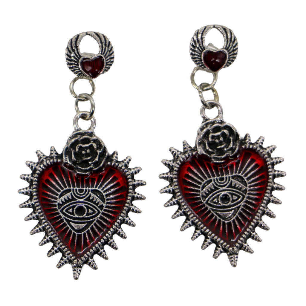 Rose Thorn Earrings with Red Heart Stones