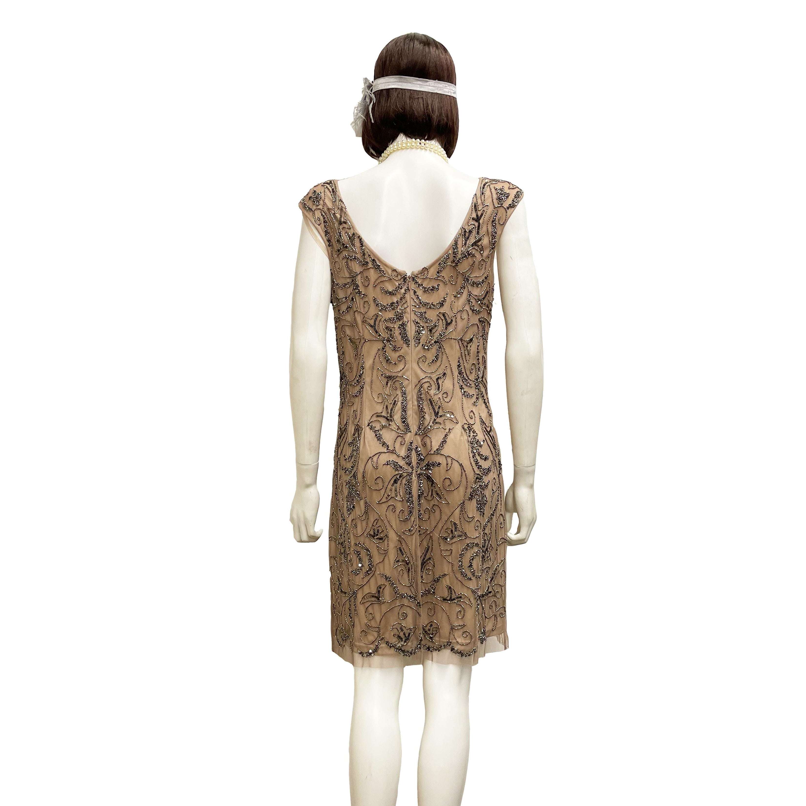 1920's Short Tan Dress Adult Costume w/ Hematite Beading & Headpiece