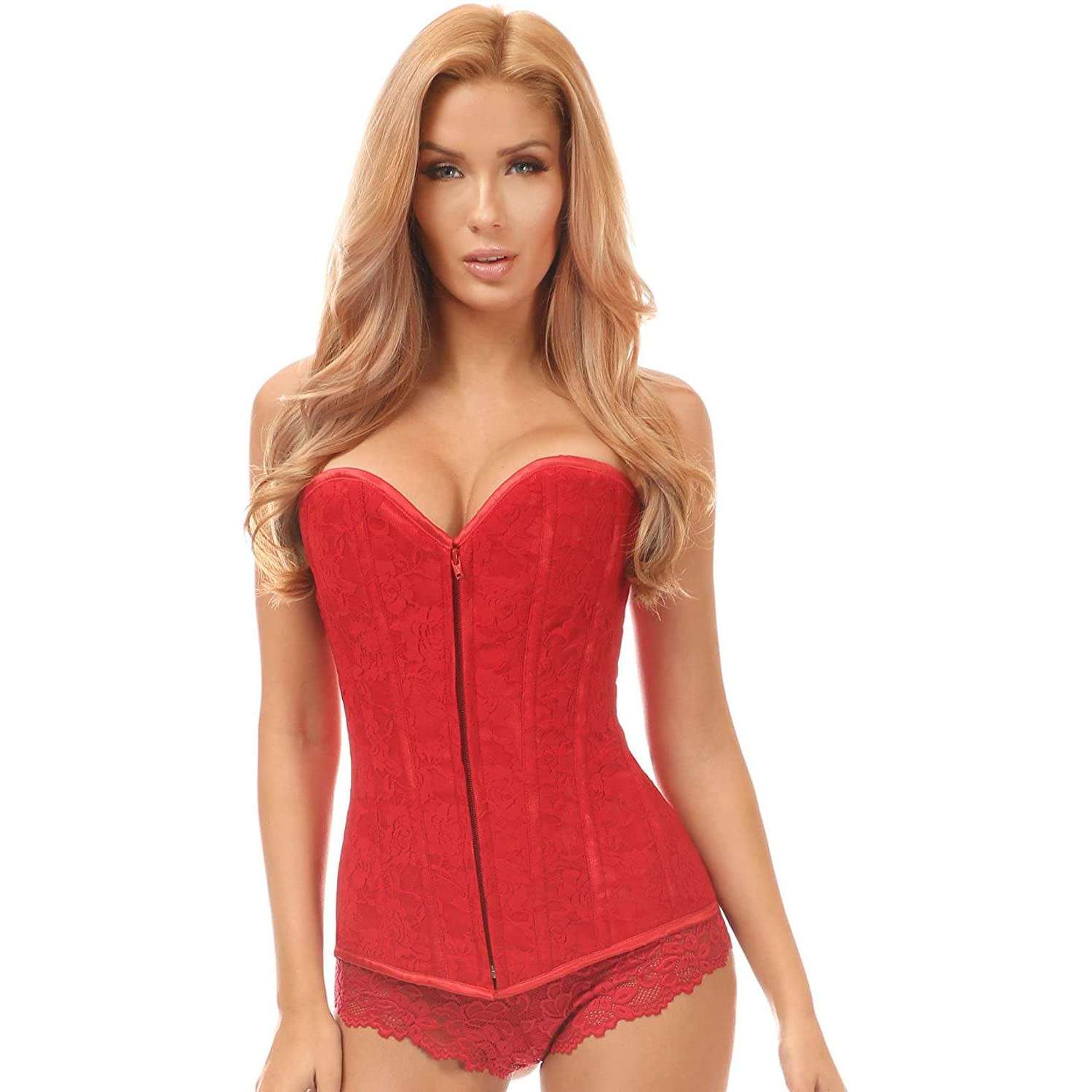 Lavish Tan Lace Overlay Overbust Corset with Zipper Front